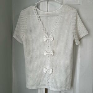 White Knit Short Sleeve Top with Bow & Lace Accents